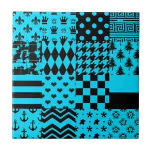 Blue Black Mixed Patterns Patchwork Design Ceramic Tile