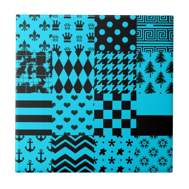 Blue Black Mixed Patterns Patchwork Design  Ceramic Tile (Front)