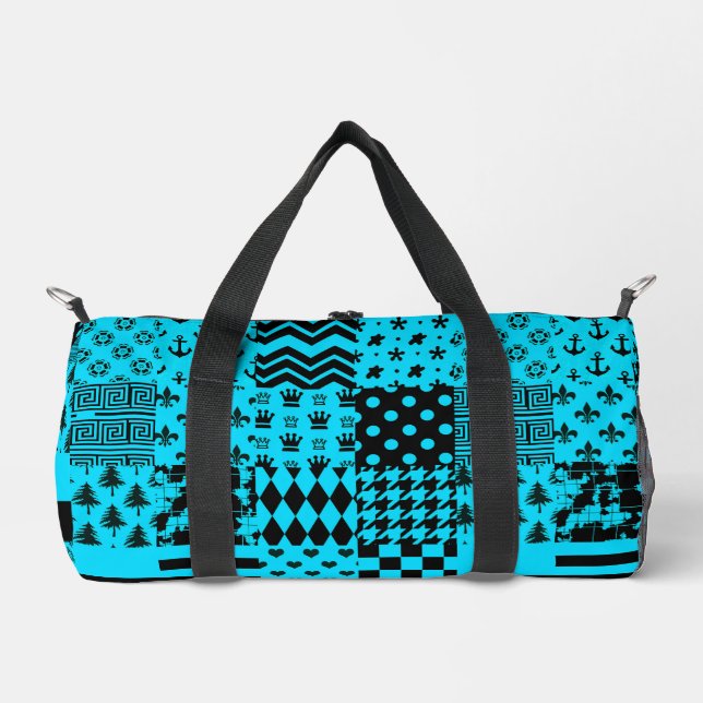 Blue Black Mixed Patterns Patchwork Design  Duffle Bag (Front)