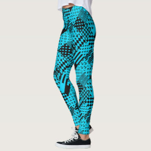 Blue Black Mixed Patterns Patchwork Design  Leggings