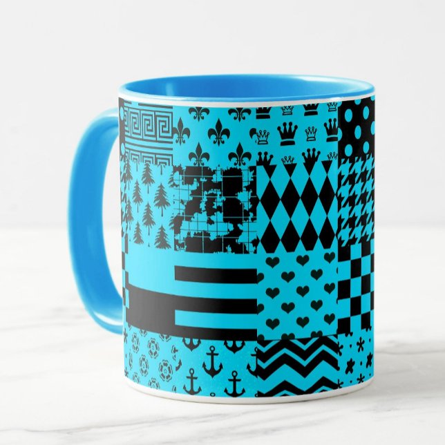 Blue Black Mixed Patterns Patchwork Design  Mug (Creator Uploaded)