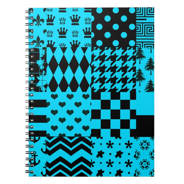 Blue Black Mixed Patterns Patchwork Design  Notebook (Front)