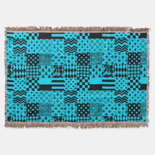 Blue Black Mixed Patterns Patchwork Design Throw Blanket