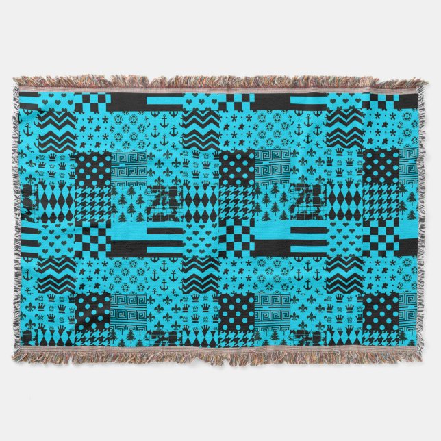 Blue Black Mixed Patterns Patchwork Design  Throw Blanket (Front)