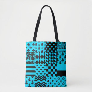 Blue Black Mixed Patterns Patchwork Design Tote Bag