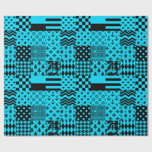 Blue Black Mixed Patterns Patchwork Design  Wrapping Paper