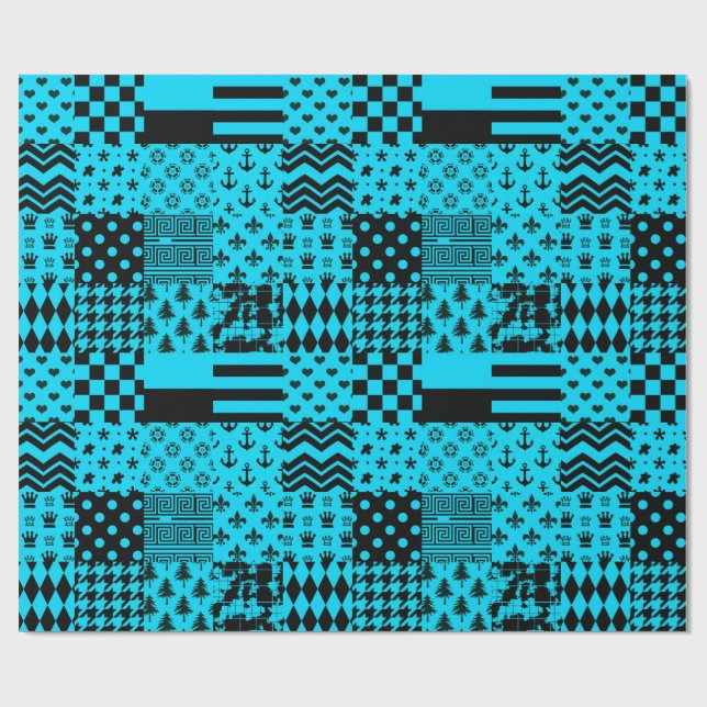 Blue Black Mixed Patterns Patchwork Design  Wrapping Paper (Flat)