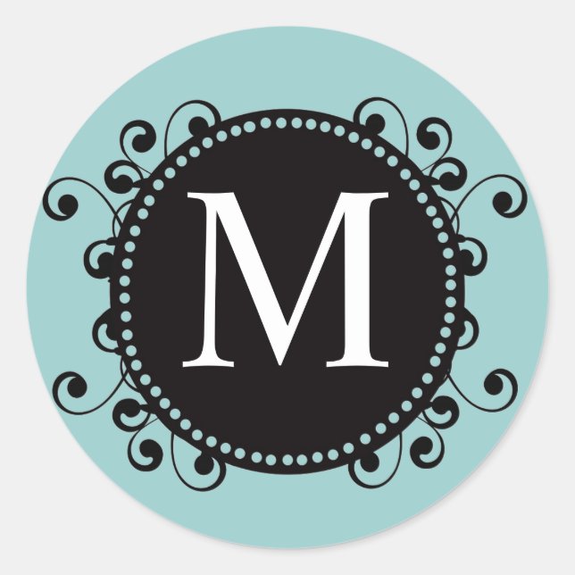 Blue Black Monogram M Swirls Wedding Sticker (Front)