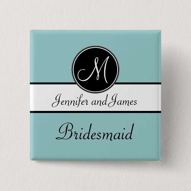 Blue Black Monogram Wedding Bridesmaid Button (Front)