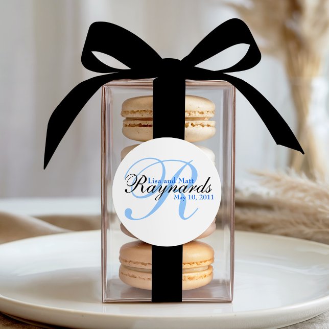 Blue Black Monogram Wedding Classic Round Sticker (Creator Uploaded)