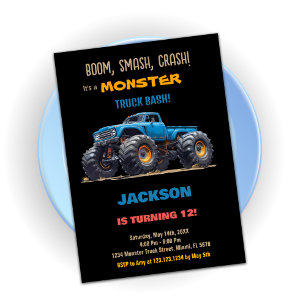 Blue Black Monster Truck Birthday Invitations