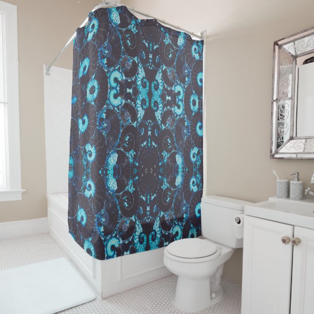 Blue black Nautilus shell pattern, scared geometry Shower Curtain (In Situ)