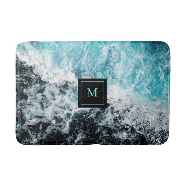 Blue Black Ocean Waves Hawaii Monogram Bath Mat (Front)