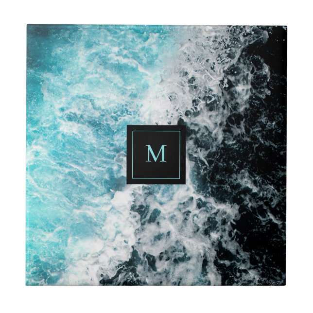 Blue Black Ocean Waves Hawaii Monogram Ceramic Tile (Front)