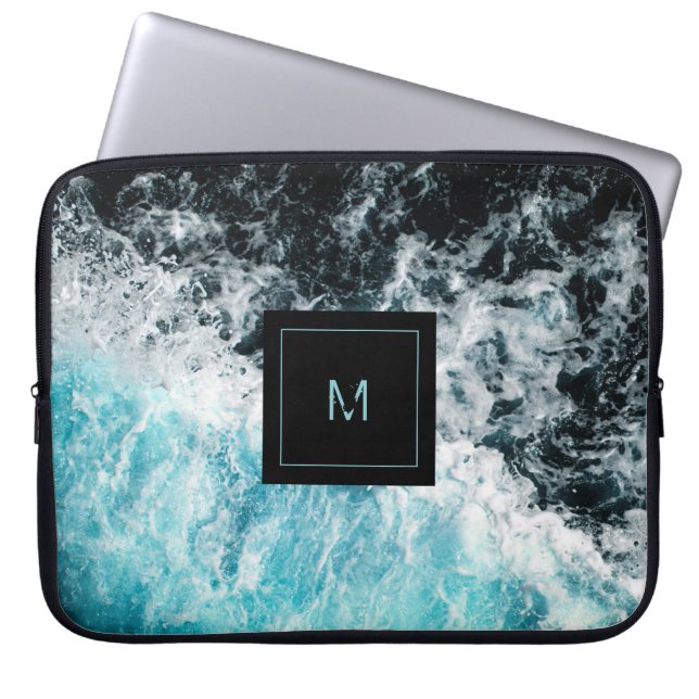 Blue Black Ocean Waves Hawaii Monogram Laptop Sleeve (Front)