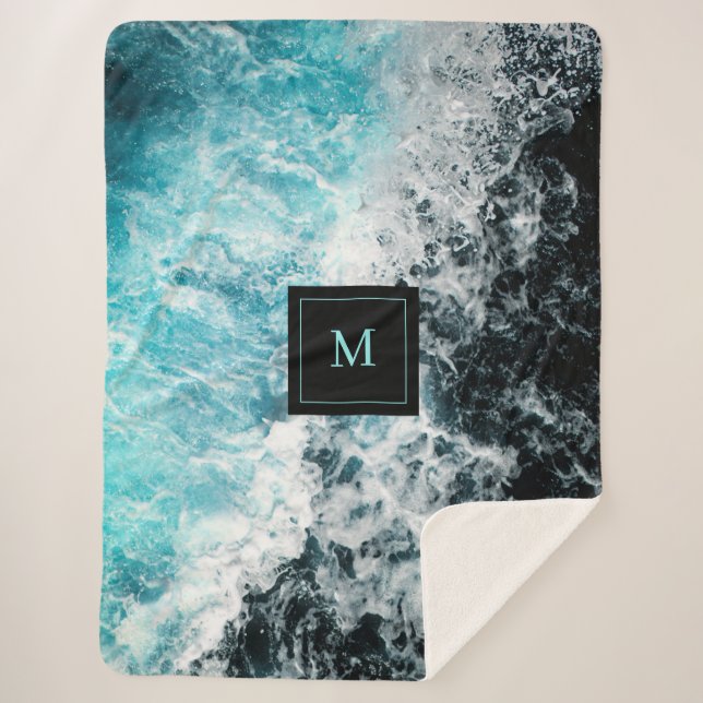 Blue Black Ocean Waves Hawaii Monogram Sherpa Blanket (Front)