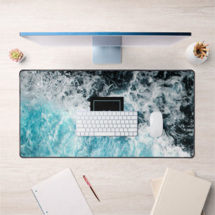 Blue Black Ocean Waves Monogram Desk Mat