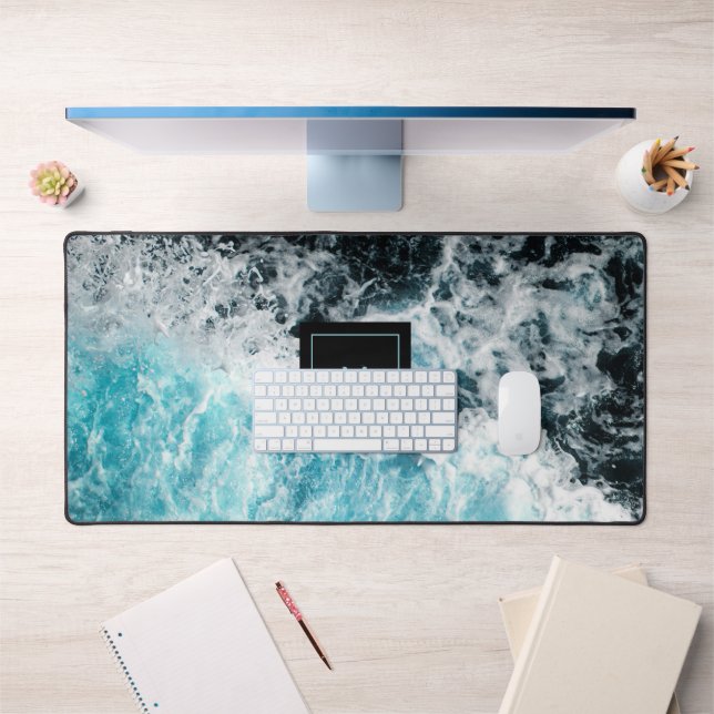 Blue Black Ocean Waves Monogram Desk Mat (Office 1)