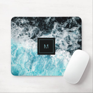 Blue Black Ocean Waves Monogram Mouse Pad