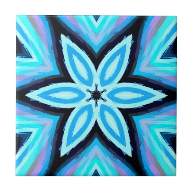 Blue Black Painted Floral Pattern Ceramic Tile (Front)