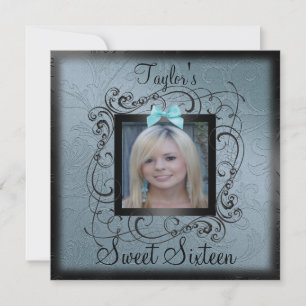 Blue & Black Photo Frame Sweet16 Birthday Invite