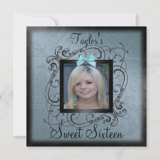 Blue & Black Photo Frame Sweet16 Birthday Invite