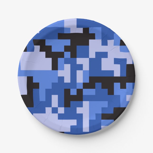 Blue Black Pixel Army Camo Camouflage Pattern Paper Plate (Front)