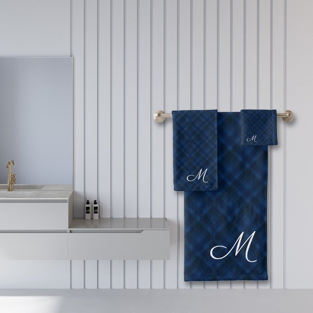 Blue Black Plaid Pattern Monogrammed Bath Towel Set (Creator Uploaded)