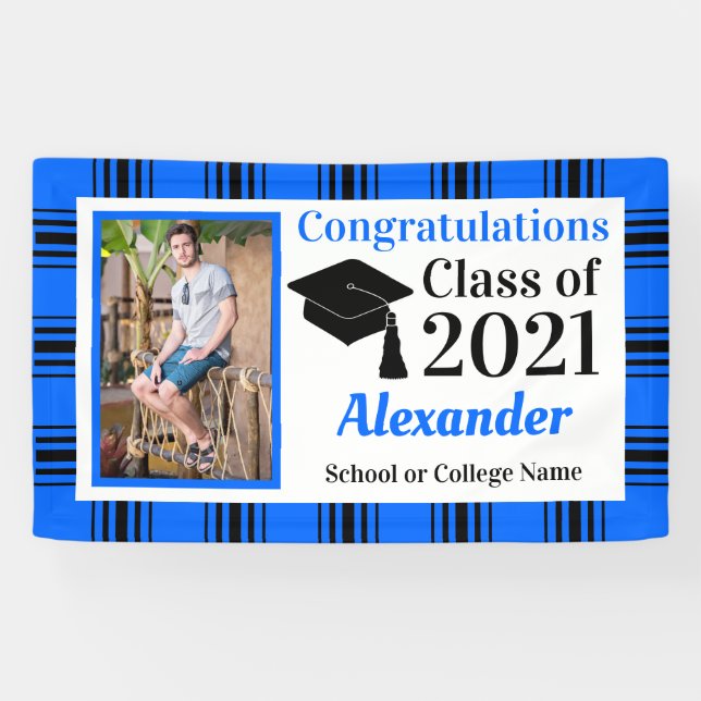 Blue Black Plaid School Colours Graduation Banner (Horizontal)