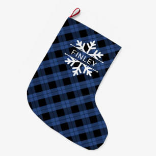 Blue Black Plaid Snowflakes Name Christmas Large Christmas Stocking