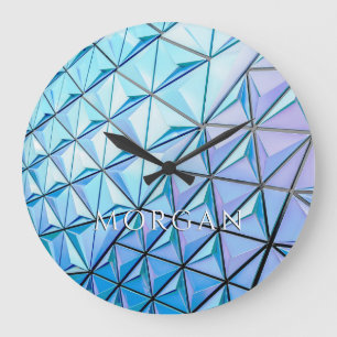 Blue Black Purple Geometric Design, White Name Large Clock