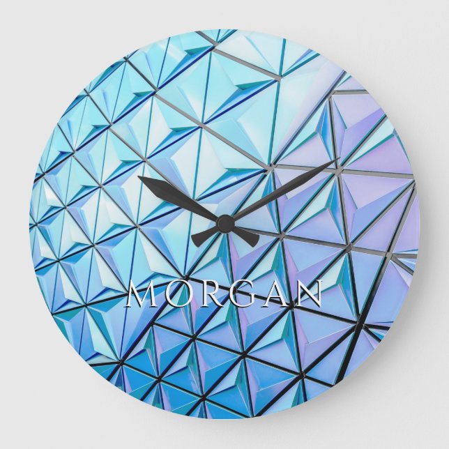 Blue Black Purple Geometric Design, White Name Large Clock (Front)