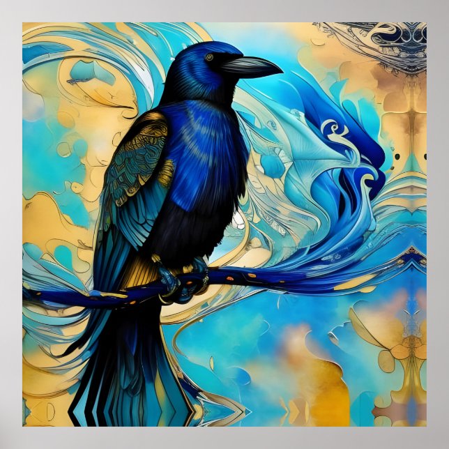 Blue Black Raven on blue and gold abstract Poster (Front)