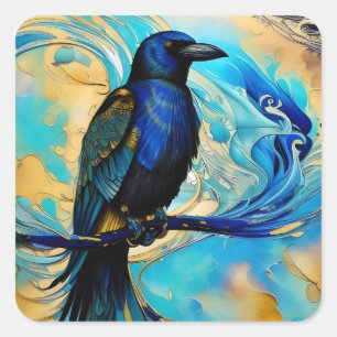 Blue Black Raven on blue and gold abstract Square Sticker