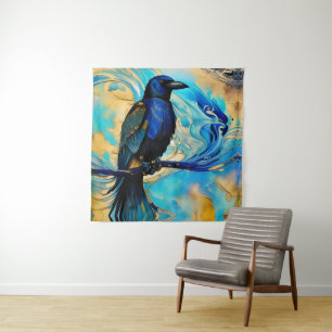 Blue Black Raven on blue and gold abstract Tapestry