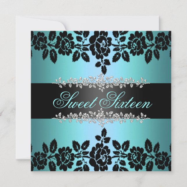 Blue & Black Rose Sweet 16 Birthday Invitation (Front)