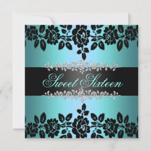 Blue & Black Rose Sweet 16 Birthday Invitation