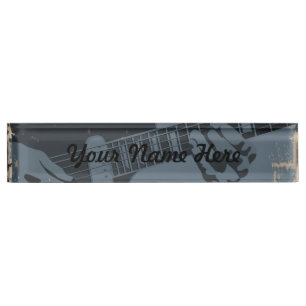Blue & Black Rustic Guitar Player Nameplate