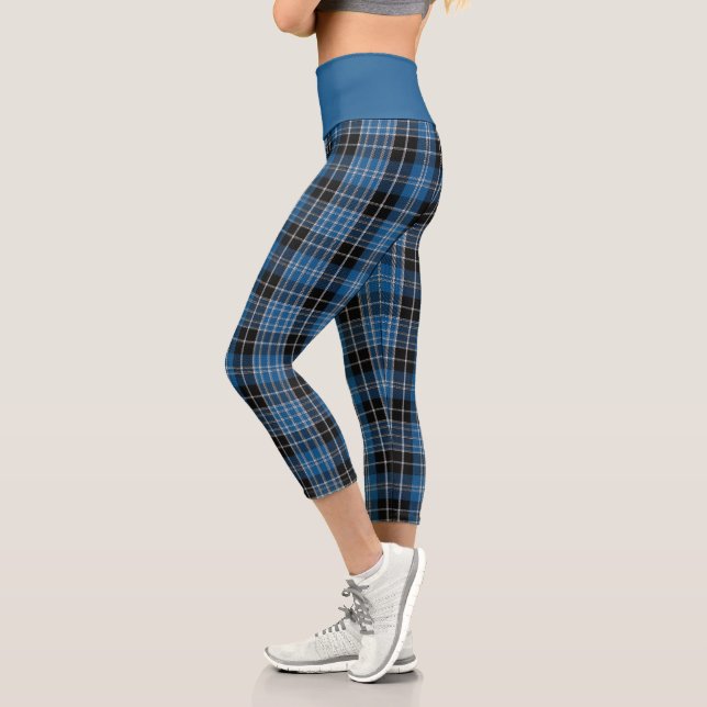 Blue Black Scottish Clark Tartan Plaid Pattern Capri Leggings (Left)