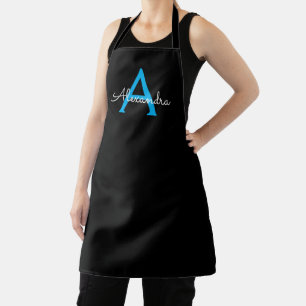 Blue Black Script Girly Monogram Name Apron