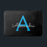 Blue Black Script Girly Monogram Name Bath Mat<br><div class="desc">Black and Blue Simple Script Monogram Name Bath Mats. This makes the perfect graduation,  birthday,  wedding,  bridal shower,  anniversary,  baby shower or bachelorette party gift for someone that loves glam luxury and chic styles.</div>