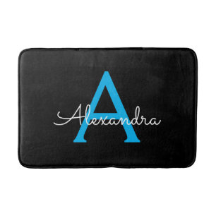 Blue Black Script Girly Monogram Name Bath Mat