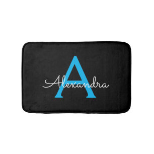 Blue Black Script Girly Monogram Name Bath Mat