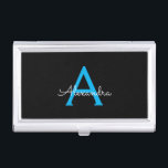 Blue Black Script Girly Monogram Name Business Card Holder<br><div class="desc">Black and Blue Simple Script Monogram Name Business Card Holder. This makes the perfect sweet 16 birthday,  wedding,  bridal shower,  anniversary,  baby shower or bachelorette party gift for someone that loves glam luxury and chic styles.</div>