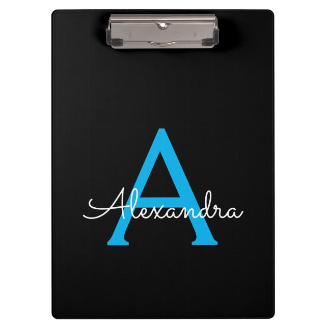 Blue Black Script Girly Monogram Name Clipboard (Front)