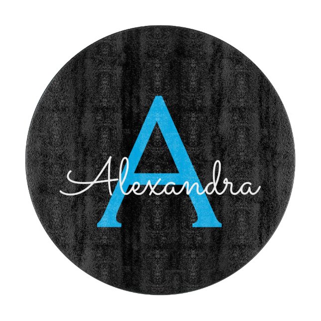 Blue Black Script Girly Monogram Name Cutting Board (Front)