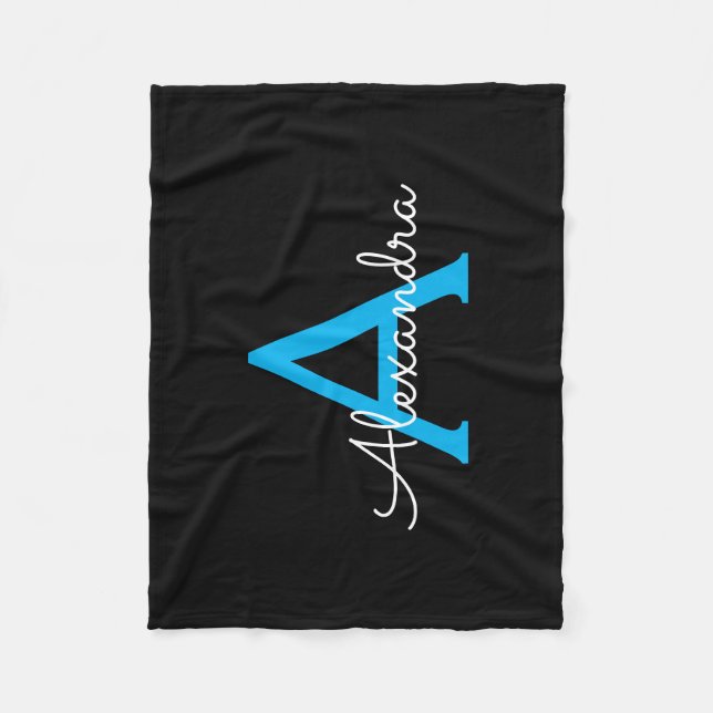 Blue Black Script Girly Monogram Name Fleece Blanket (Front)