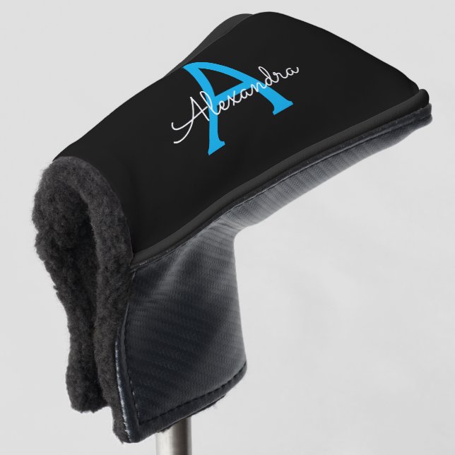 Blue Black Script Girly Monogram Name Golf Head Cover (3/4 Front)