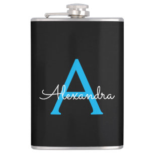 Blue Black Script Girly Monogram Name Hip Flask