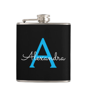 Blue Black Script Girly Monogram Name Hip Flask